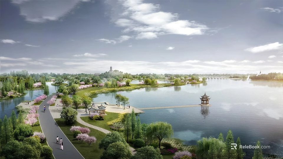 Garden Landscape With Lake Pavilion Willow Trees Blooming Flowers And Distant Tower 3d model 