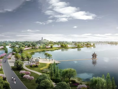 Garden Landscape With Lake Pavilion Willow Trees Blooming Flowers And Distant Tower 3d model