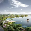 Garden Landscape With Lake Pavilion Willow Trees Blooming Flowers And Distant Tower
