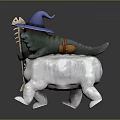 Game Movie Character With Green Body Blue Wizard Hat Riding White Animal Holding Skull Staff