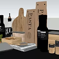 Essential Kitchenware Set With Wooden Cutting Board Olive Oil Bottles Pasta Boxes And Spice Jars