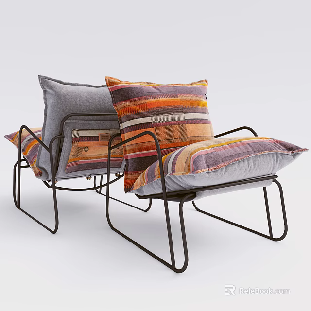 Single Sofa With Colorful Striped Pillows And Black Metal Frame 3d model 