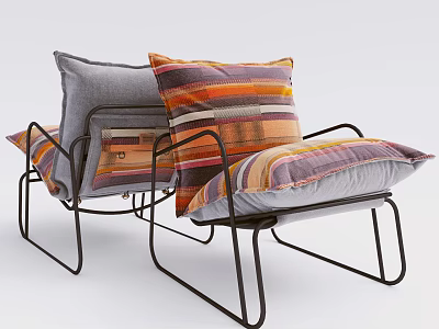 Single Sofa With Colorful Striped Pillows And Black Metal Frame 3d model