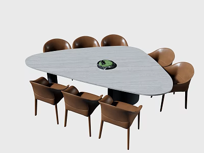 Modern Triangle Conference Table With Gray Top Green Center And Brown Chairs 3d model