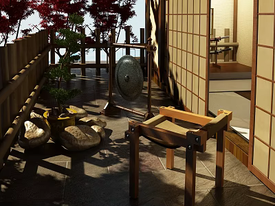 Traditional Japanese Garden Landscape With Red Maple Leaves Wooden Chair Stone Lantern And Bamboo Fence 3d model