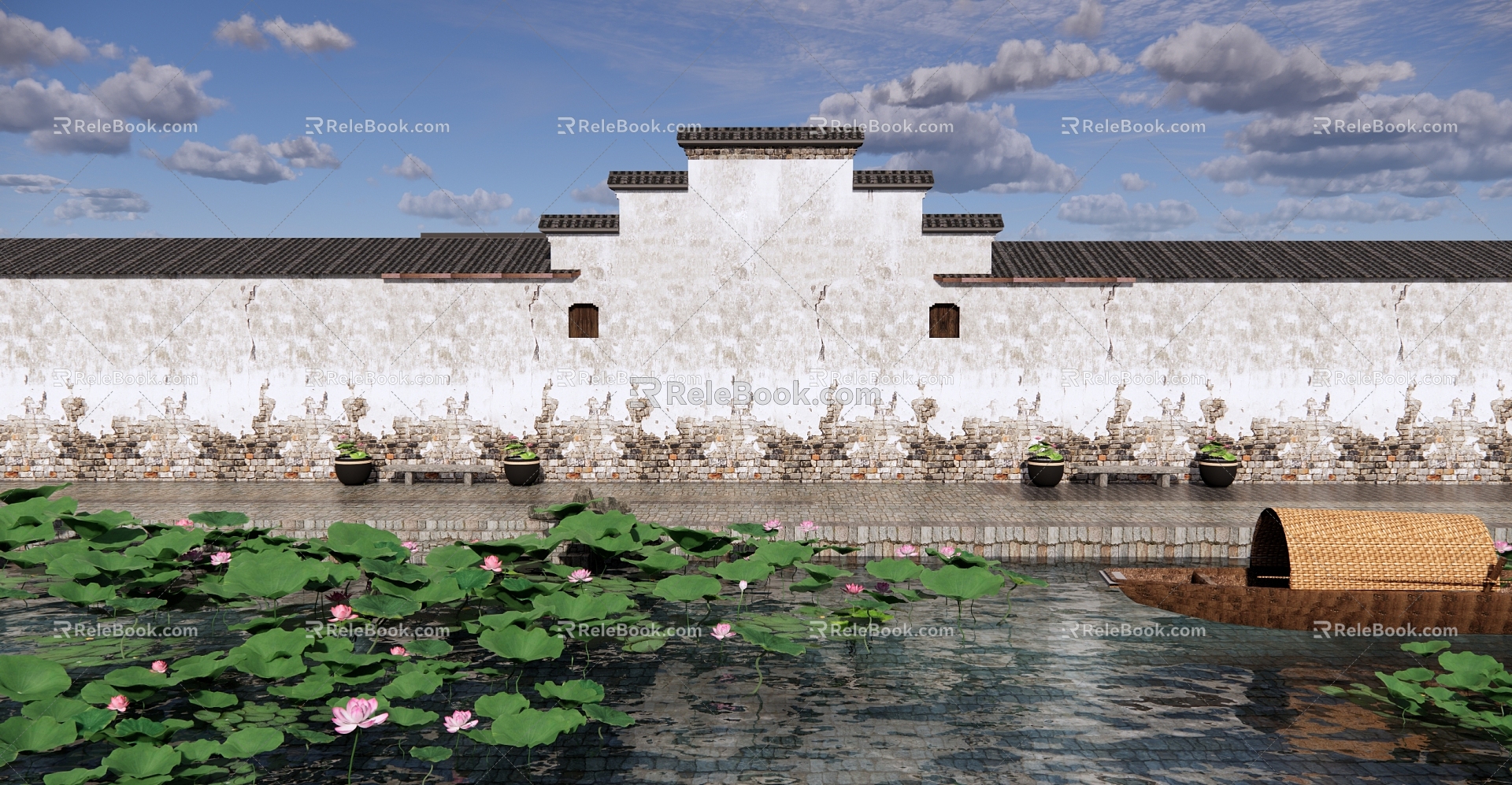 New Chinese Style Lotus Pond Ancient Town Waterfront Park Landscape Hongcun Lotus Pond Lotus Pond Lotus Lotus Lotus Leaf Small Boat Canopy Boat Horse Head Wall 3d model