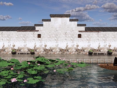 New Chinese Style Lotus Pond Ancient Town Waterfront Park Landscape Hongcun Lotus Pond Lotus Pond Lotus Leaf Small Boat Canopy Boat Horse Head Wall model