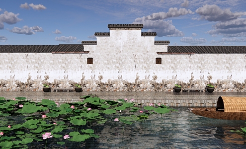 New Chinese Style Lotus Pond Ancient Town Waterfront Park Landscape Hongcun Lotus Pond Lotus Pond Lotus Leaf Small Boat Canopy Boat Horse Head Wall 3d model