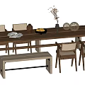 Wooden Dining Table Set with Chairs Bench Decorative Vase Fruit Bowl and Ornaments