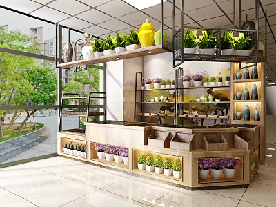 Garden Plant Shop Interior With Shelves Counter Green Plants And Flower Pots 3d model