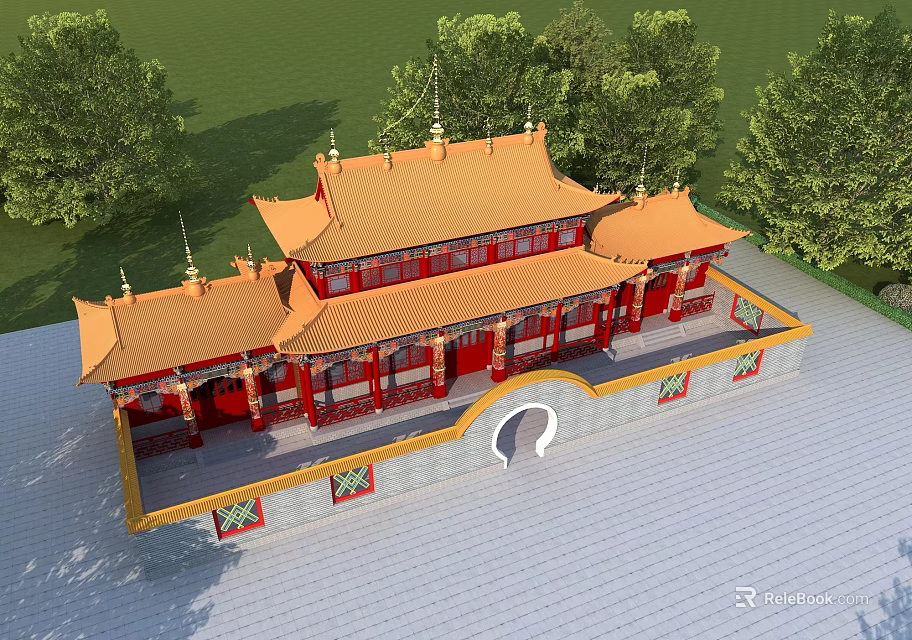 Ancient Chinese Architecture With Yellow Roof Red Pillars And Traditional Design Surrounded By Trees 3d model 