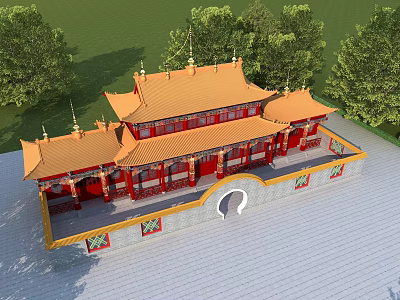 Ancient Chinese Architecture With Yellow Roof Red Pillars And Traditional Design Surrounded By Trees 3d model