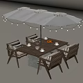 Outdoor Wooden Dining Set with White Umbrella String Lights Fruit and Cups