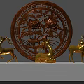 Golden Deer Sculpture Carvings With Three Different Poses On White Stand