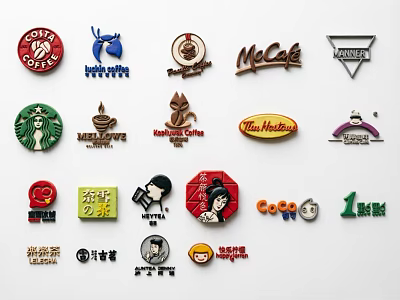 Colorful Brand Logo Pins Featuring Various Coffee Shop And Restaurant Emblems 3d model