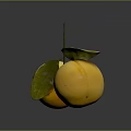 Two Ripe Yellow Oranges With Green Leaves On Dark Reflective Surface