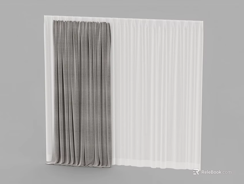 Gray Thick And White Sheer Double Layer Curtains Home Interior Design 3d model