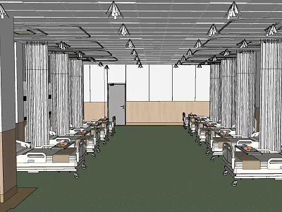 Spacious Hospital Ward Interior With Rows Of Beds Curtains And Ceiling Lights 3d model