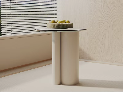 Modern Side Table With White Cylindrical Legs Round Top And Fruit Plate 3d model