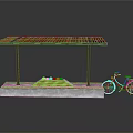 Outdoor Bicycle Shelter Structure With Wooden Grille Roof Metal Posts Concrete Base And Parked Bicycle