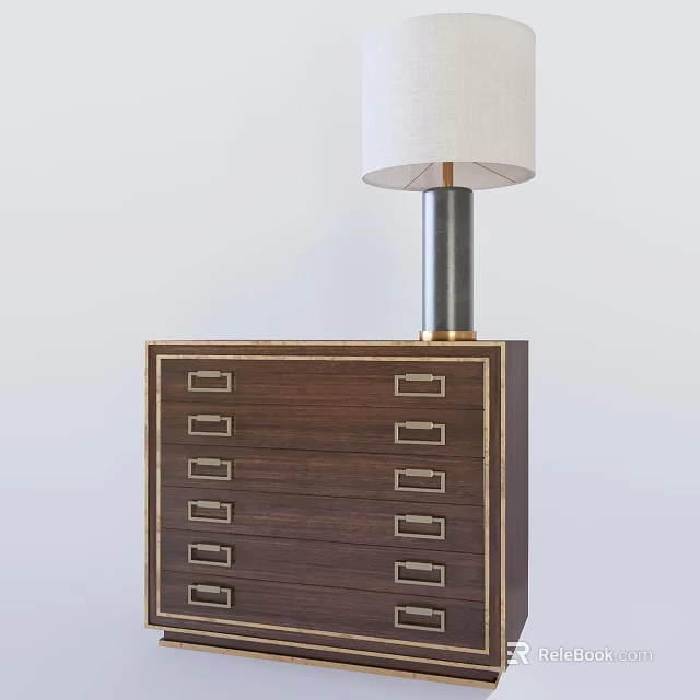 Dark Brown Dresser With Multiple Drawers Metal Handles Decorative Trim And Table Lamp On Top 3d model 