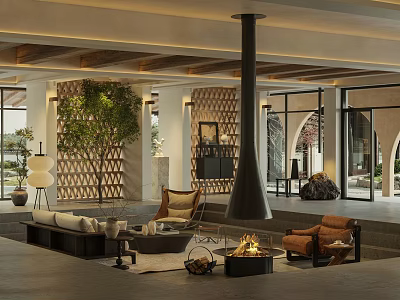 Cozy Modern Hotel Public Lounge Area With Stone Fireplace Sofa Armchairs And Green Plant 3d model
