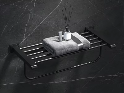 Modern Bathroom Accessories Black Towel Rack With Gray Towel Fragrance Diffuser And Marble Wall 3d model