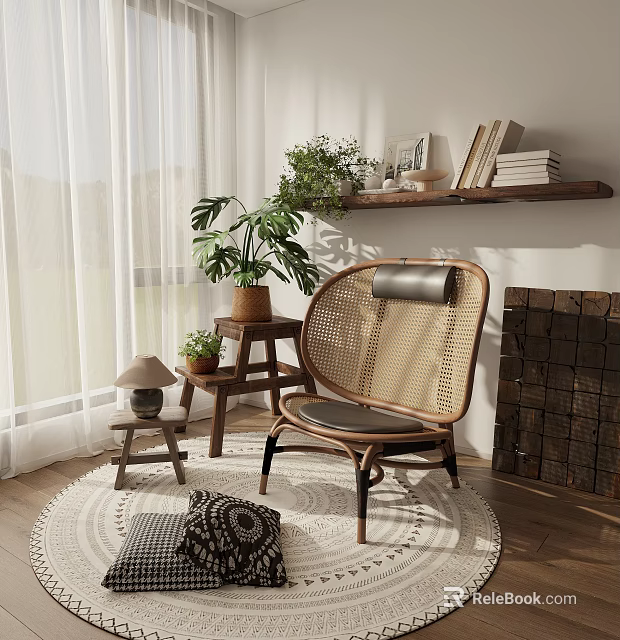 Wicker Leisure Chair with Black Cushion and Plants by Window Books on Shelf and Rug 3d model 