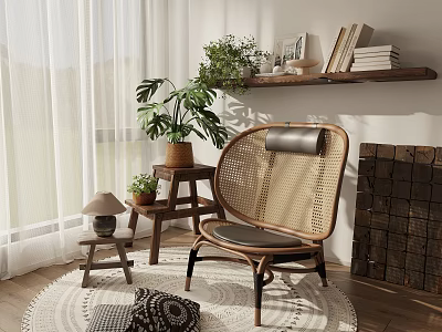 Wicker Leisure Chair with Black Cushion and Plants by Window Books on Shelf and Rug 3d model