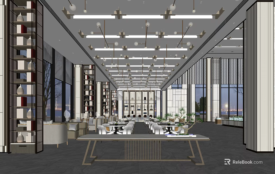 Modern Hotel Public Lounge Interior With Spacious Layout Ceiling Lighting And Green Plants 3d model 