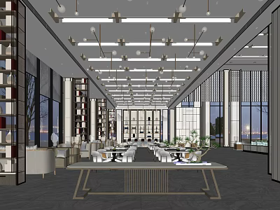 Modern Hotel Public Lounge Interior With Spacious Layout Ceiling Lighting And Green Plants 3d model