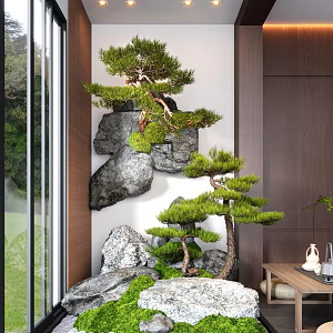 Modern Interior Landscaping Moss Welcome Pine Pohan Pine Landscape Stone Dry Landscape 3d model