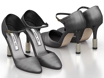 Women's Black Leather Pointed Toe High Heels With Ankle Strap And Sparkling Heels 3d model