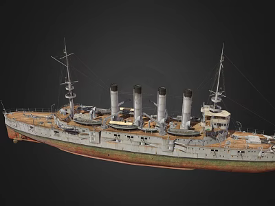 Vintage Warship With Multiple Funnels Wooden Deck And Green Red Hull Details 3d model