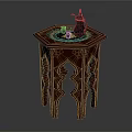Traditional Wooden Coffee Table with Carved Patterns and Teapot on Top