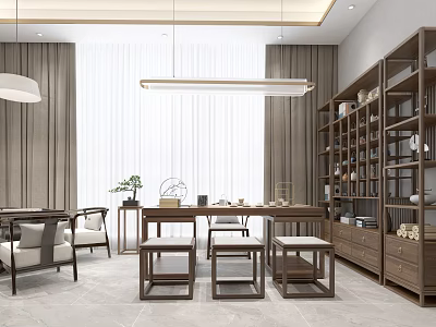 Traditional Teahouse Interior With Wooden Tables Chairs Display Cabinets Tea Sets And Plants 3d model
