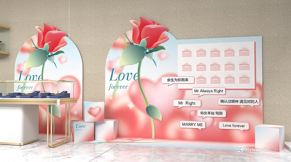 Romantic Rose Themed Photo Spot With Love Forever Backdrop And Heart Decorations 3d model 
