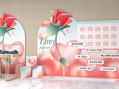Romantic Rose Themed Photo Spot With Love Forever Backdrop And Heart Decorations 3d model