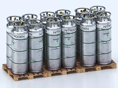 Industrial Nitrogen Cylinders Securely Strapped On Wooden Pallet For Storage 3d model