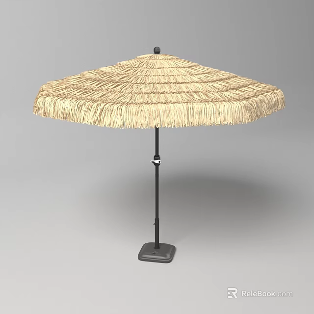 Outdoor Straw Sunshade With Fringed Edge Black Pole And Base Structure Design 3d model