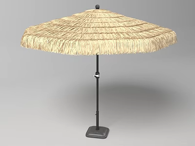 Outdoor Straw Sunshade With Fringed Edge Black Pole And Base Structure Design 3d model