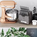 Stylish Kitchen Utensils Collection Featuring Orange Mixer Knife Block Coffee Maker Cookbook And Green Plant