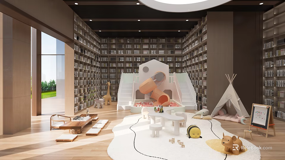 Book Art Inspired Children's Library Interior With Bookshelves Slide Teepee And Toys 3d model 