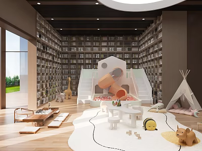 Book Art Inspired Children's Library Interior With Bookshelves Slide Teepee And Toys 3d model
