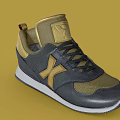 Black and Gold Sneakers with X Logo Leather Mesh Black Laces Gold Tongue White Sole