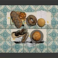 Various Fresh Bread Loaves Displayed On Wooden Stand With Tablecloth And Tile Floor