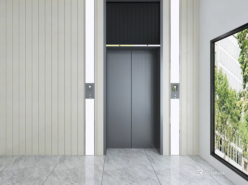 Modern Public Facility Elevator Featuring Sleek Metal Doors Control Panel And Glass Window 3d model