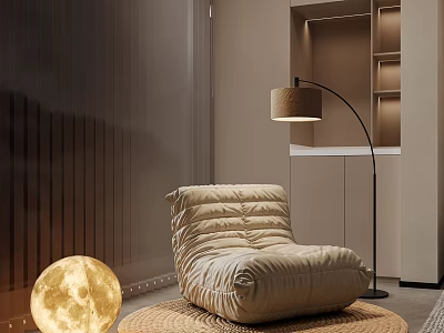 Beige Quilted Bean Bag Chair On Round Rug With Floor Lamp And Wooden Wall Decoration 3d model