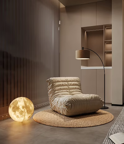 Beige Quilted Bean Bag Chair On Round Rug With Floor Lamp And Wooden Wall Decoration 3d model