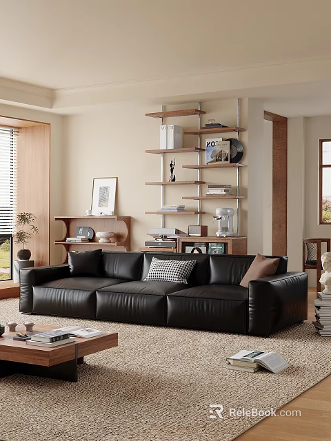 Modern Black Genuine Leather Three Seater Sofa For Cozy Minimalist Living Room Home Decor 3d model 